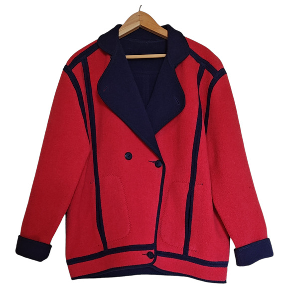 Vintage Wetherall Reversable Coat Red Blue Large XL Button Front Wool Llama - Picture 6 of 11